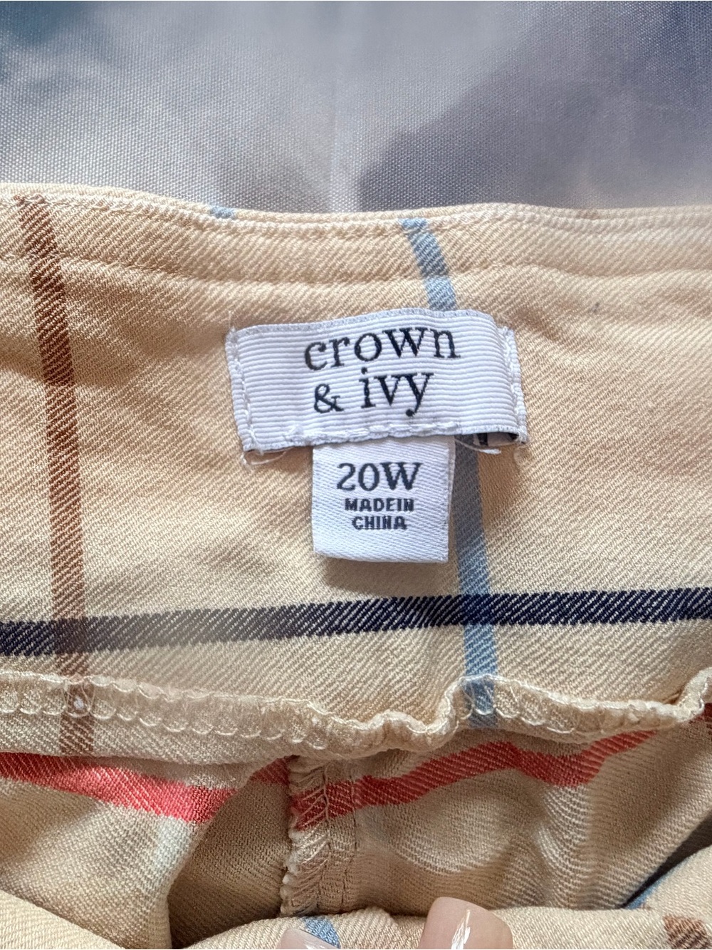 crown & ivy Cream Plaid Shorts with Blue and Brown Accents